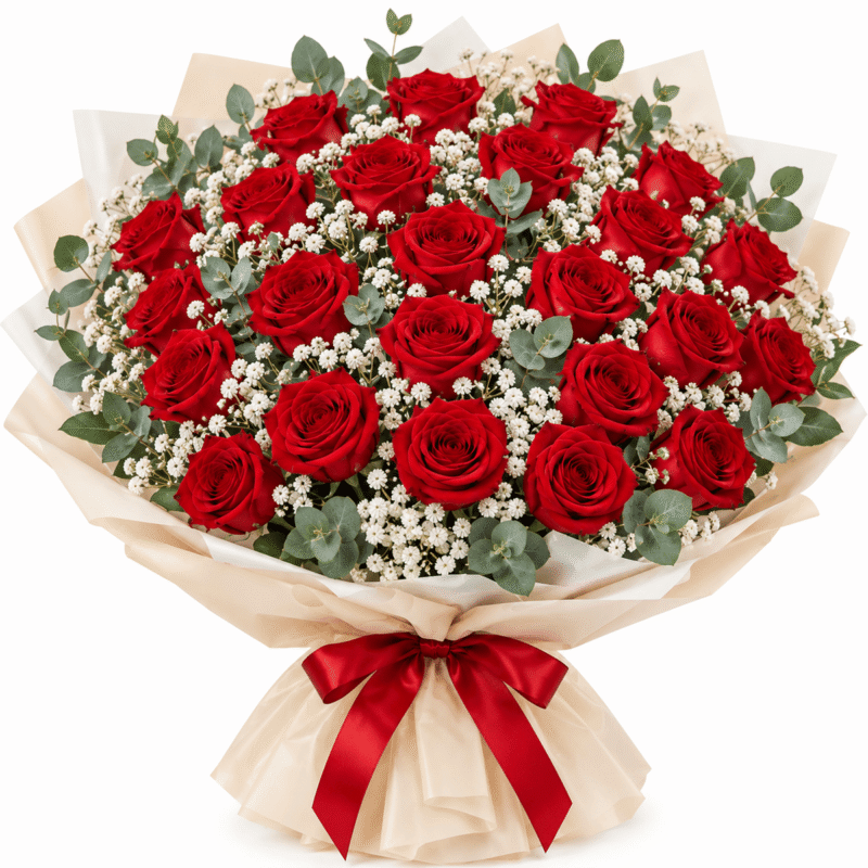 Buchet Trandafiri Roșii cu Eucalipt și Gipsofilă | Azalea Flowers
